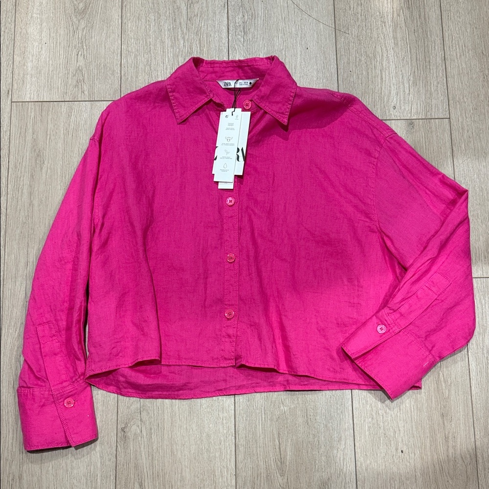 Zara Hot Pink LINEN Button-down cropped Women's Top, Large, oversized fit. - Picture 7 of 10